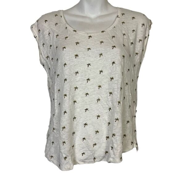 LOFT Tops - ANN TAYLOR LOFT 100% Linen White Palm Tree Cap Sleeve Oversized Tee Shirt Small